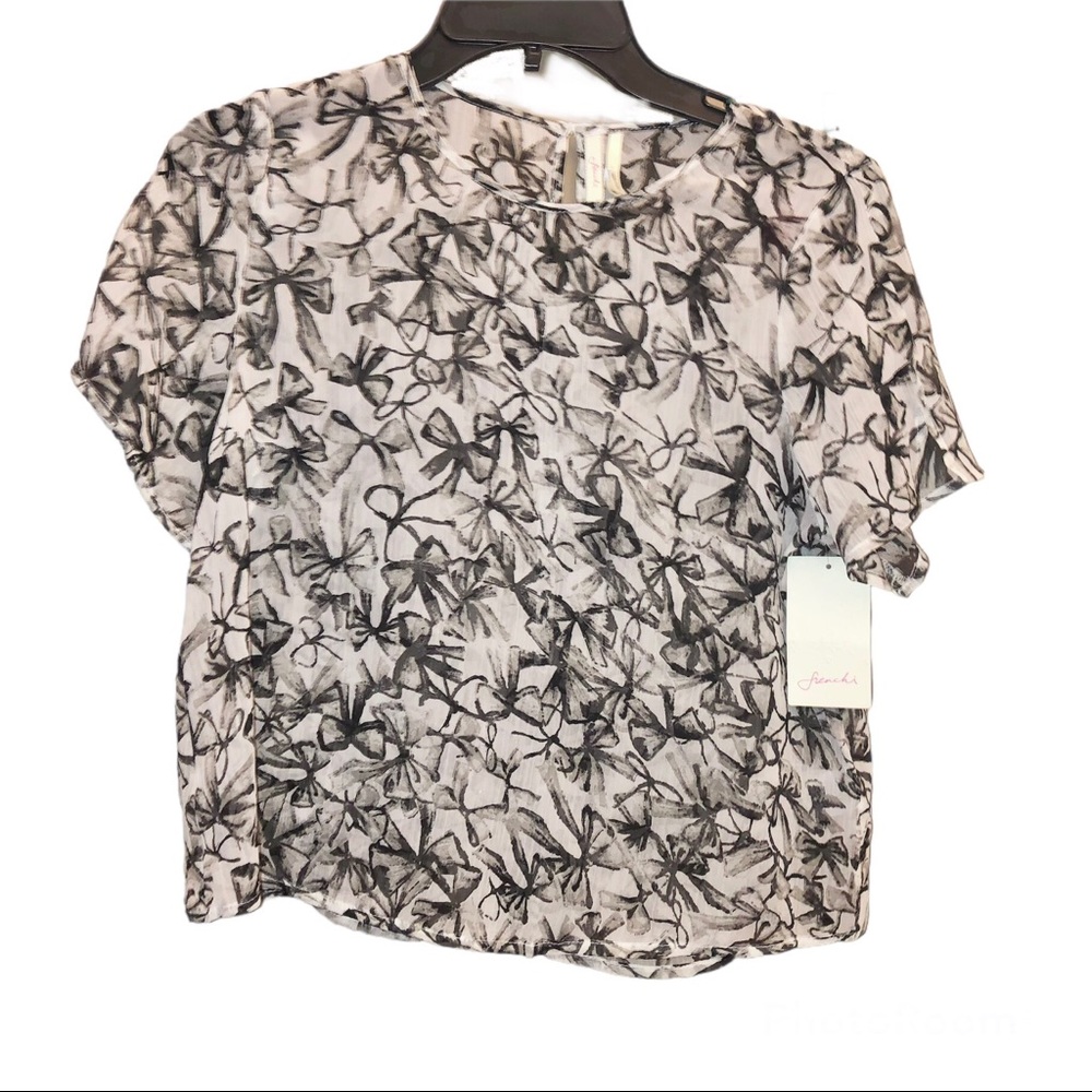 Frenchi Nordstrom Sheer Bow Short Sleeve Sheer Blouse Grey Small